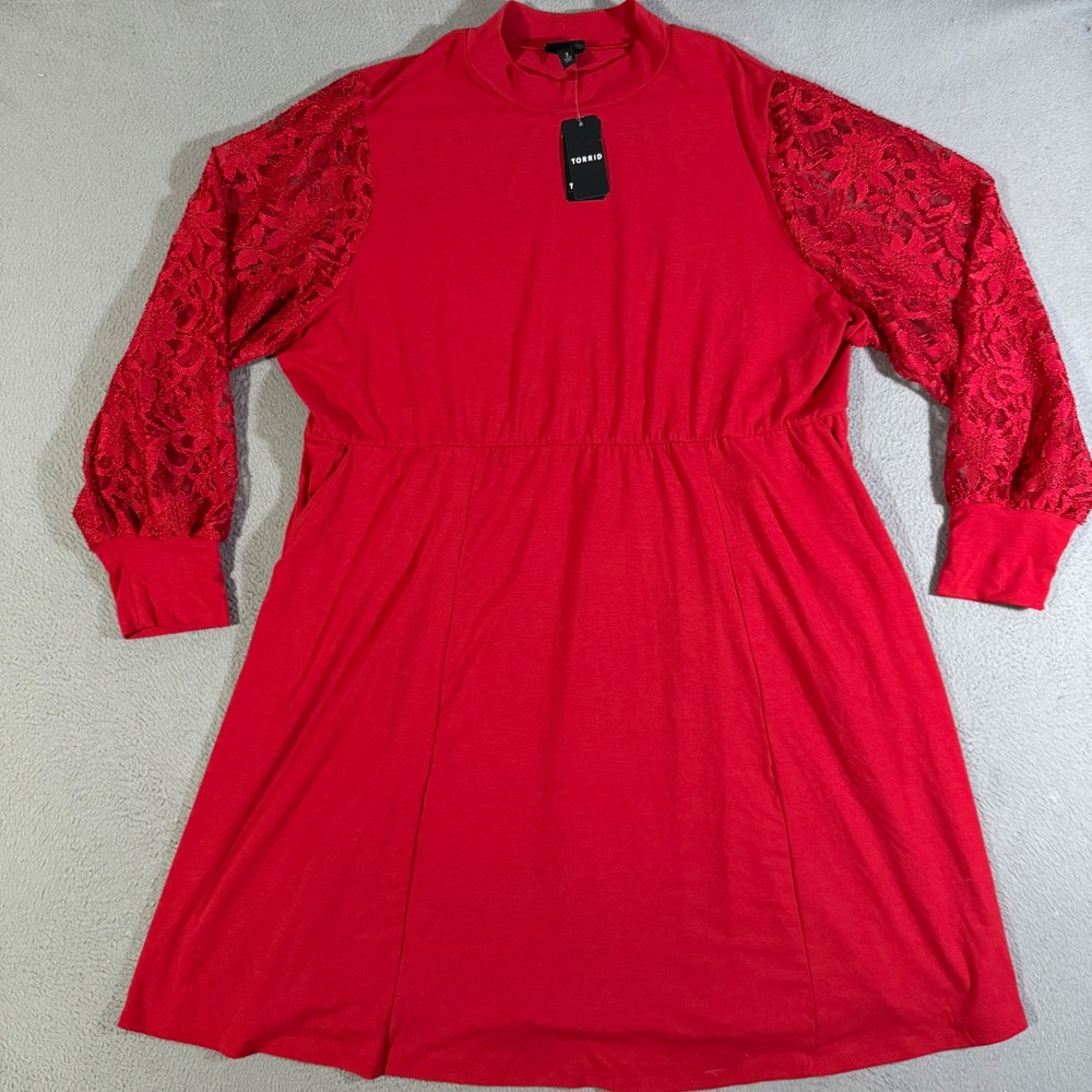 Torrid At The Knee Jersey Lace Sleeve Mock Neck Skater‎ Dress Women's Size 3X